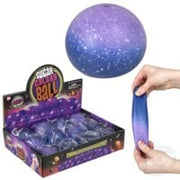 Purple sparkly stress ball being squeezed by hand with retail display box