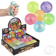 Sparkle Squeezy Sugar Ball display box showing colorful glittery stress balls and individual balls