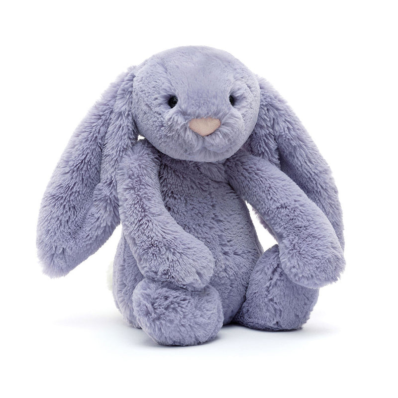 Jellycat Bashful Viola Bunny plush toy in soft purple fabric on white background