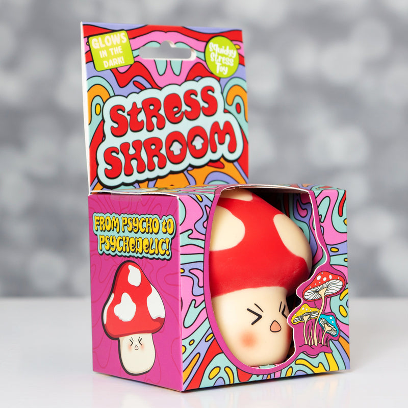 Stress Shroom squishy toy in colorful psychedelic packaging with red mushroom design