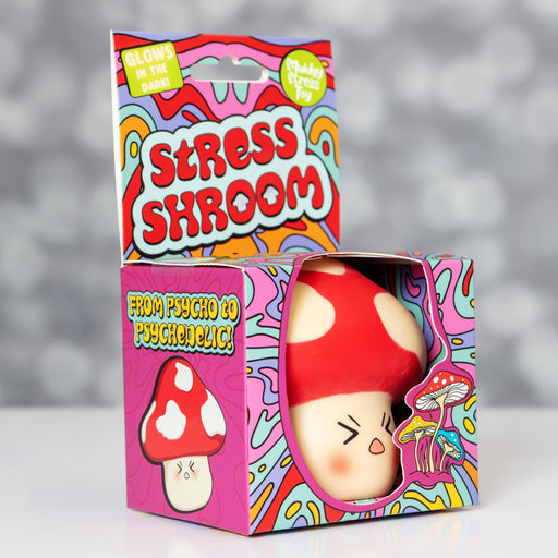 Stress Shroom squishy toy in colorful psychedelic packaging with red mushroom design
