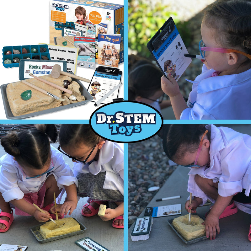 Dr.STEM Toys rock and gem dig kit showing children excavating specimens outdoors