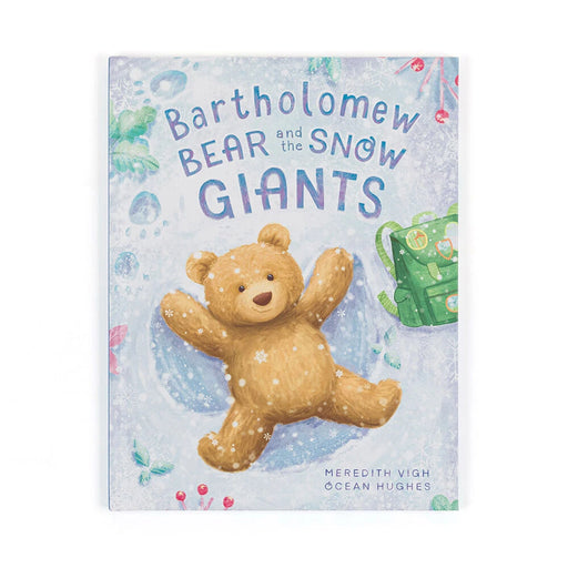 Children's book cover showing Bartholomew Bear teddy making snow angel with winter themed illustrations