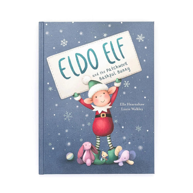 Eldo Elf and the Patchwork Bashful Bunny children's book cover with elf character holding sign