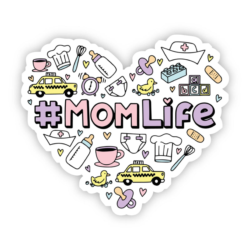 Heart-shaped vinyl sticker with #MomLife text and cute mom-themed icons