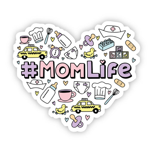 Heart-shaped vinyl sticker with #MomLife text and cute mom-themed icons