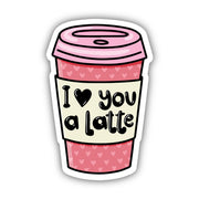 Pink coffee cup vinyl sticker with heart pattern and I Love You A Latte text