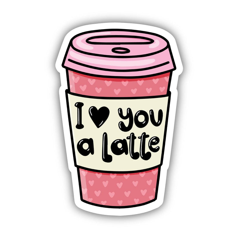 Pink coffee cup vinyl sticker with heart pattern and I Love You A Latte text
