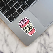 Pink coffee cup vinyl sticker with 'I Love You A Latte' text on laptop