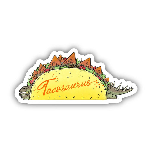 Taco-saurus vinyl sticker featuring stegosaurus dinosaur designed as a taco with spikes
