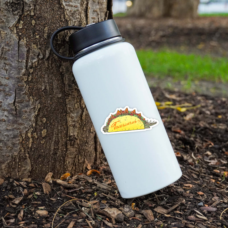 White water bottle with Taco-saurus stegosaurus vinyl sticker leaning against tree trunk outdoors