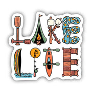 Lake Life vinyl sticker with outdoor recreation icons including paddle, tent, kayak, fishing rod