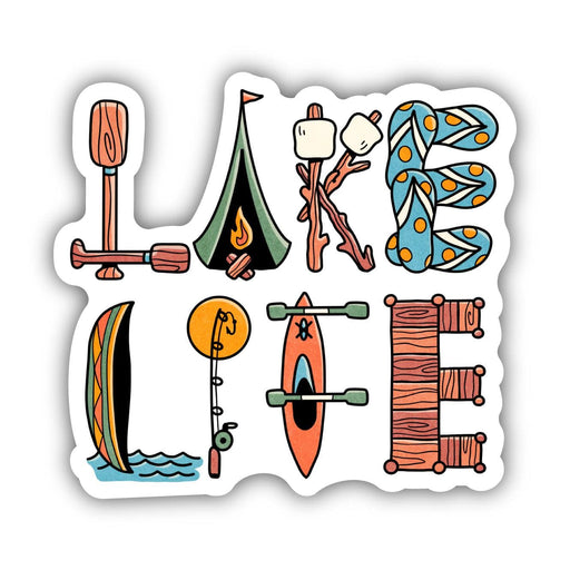Lake Life vinyl sticker with outdoor recreation icons including paddle, tent, kayak, fishing rod
