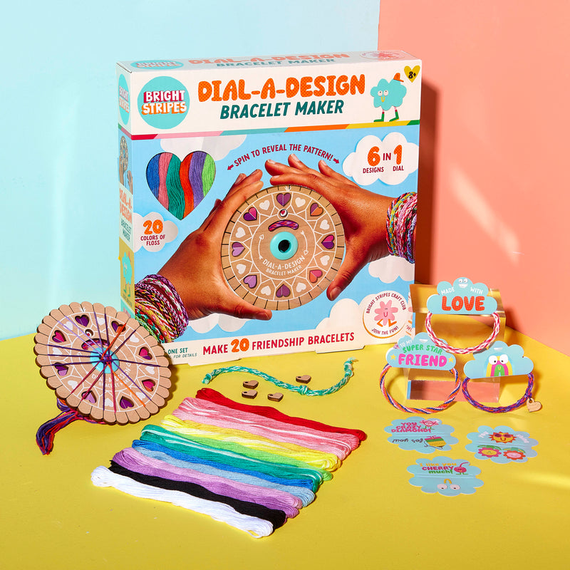 Bright Stripes Dial-a-Design Bracelet Maker kit with colorful floss and finished bracelets displayed