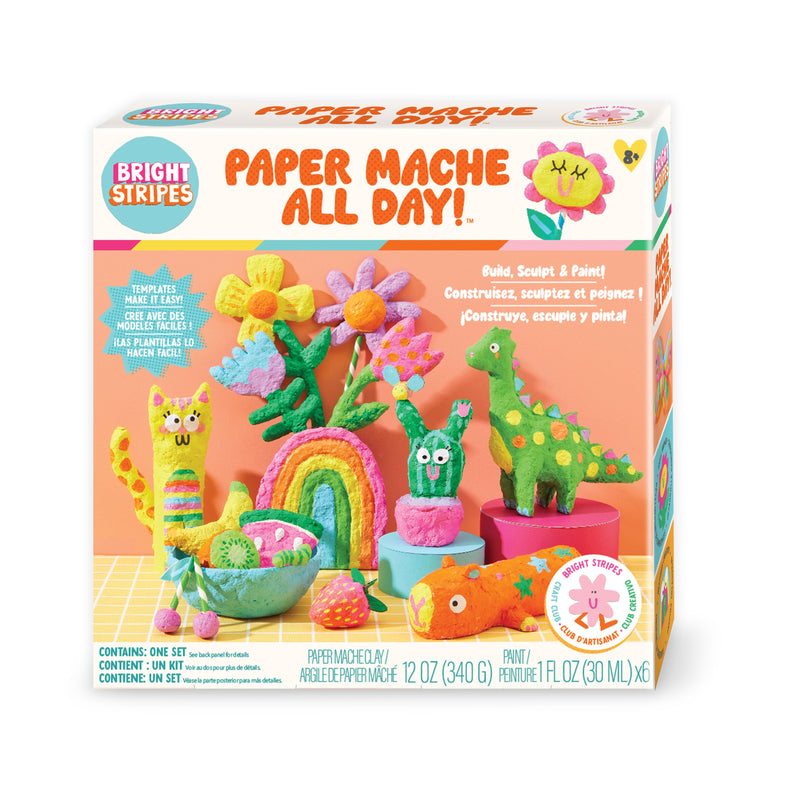 Bright Stripes Paper Mache All Day craft kit box showing colorful paper mache creations