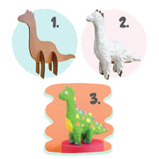 Step-by-step paper mache craft tutorial showing dinosaur creation process with finished green dinosaur
