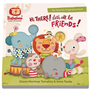 Bababoo and Friends 'Hi THERE! let's all be FRIENDS!' fingerplay book cover, featuring colorful cartoon animal characters including an elephant, lion, rabbit, monkey, and cat on a grassy background.