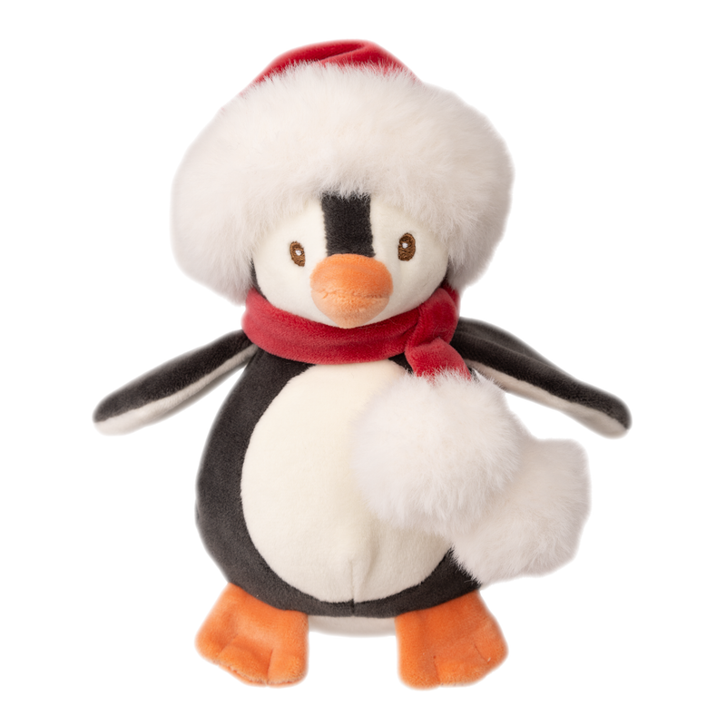 White plush penguin toy with red Santa hat and scarf, orange beak and feet