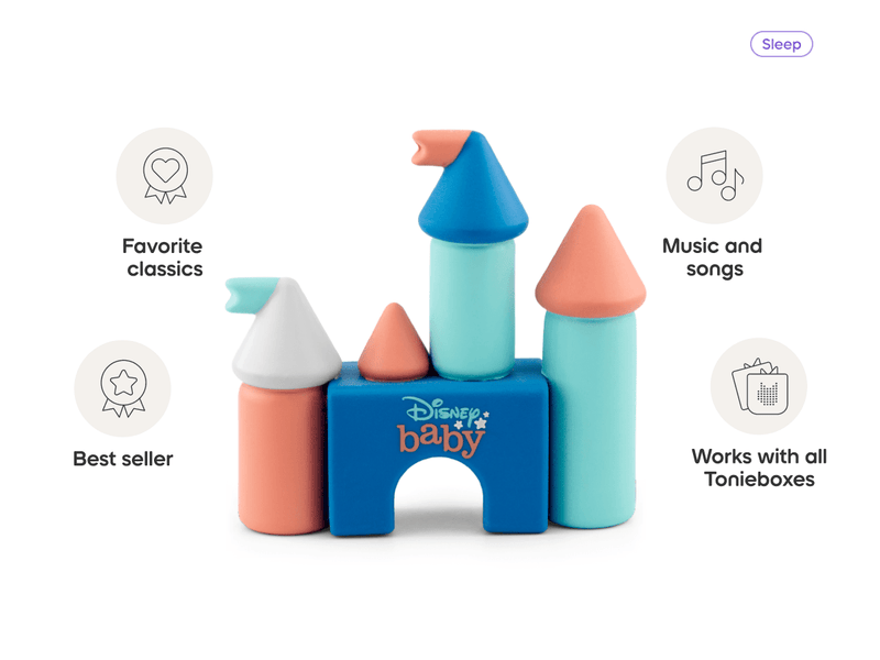 Disney baby Tonie castle-shaped audio toy with colorful towers and feature callouts
