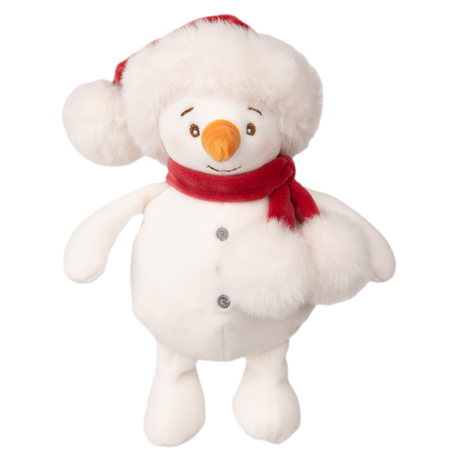 White plush snowman toy with red Santa hat and scarf on white background