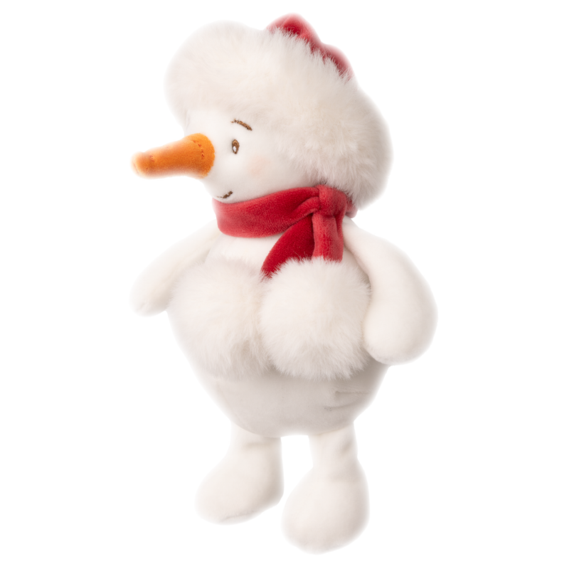 White plush snowman toy with orange nose and red scarf on white background