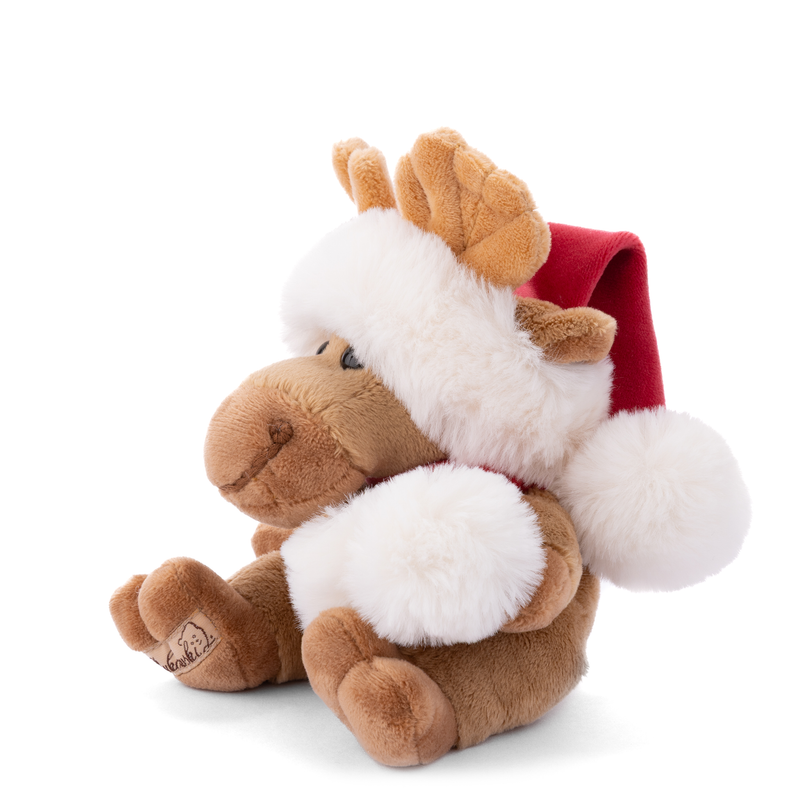 White and brown plush reindeer toy wearing red Santa hat on white background