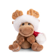 Brown plush reindeer toy wearing white Santa hat and red scarf on white background
