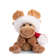 Brown plush reindeer toy wearing white Santa hat and red scarf on white background