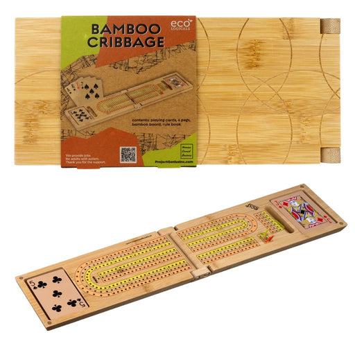 Bamboo cribbage board with packaging on a white background.