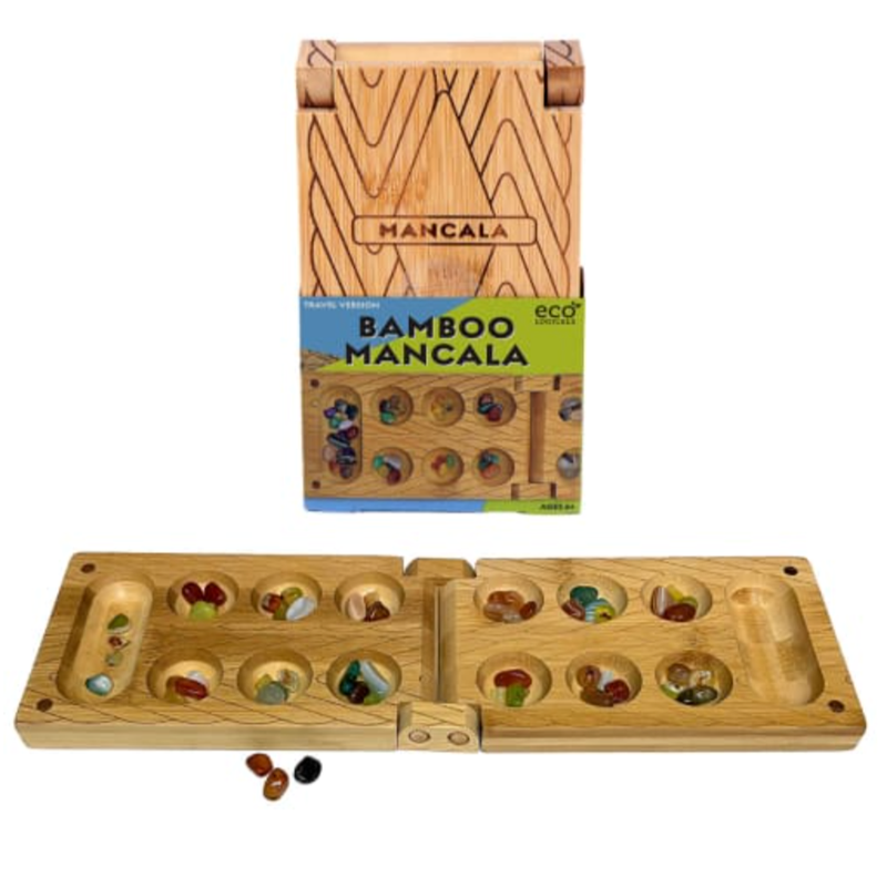 Bamboo Mancala game set with packaging on a white background.