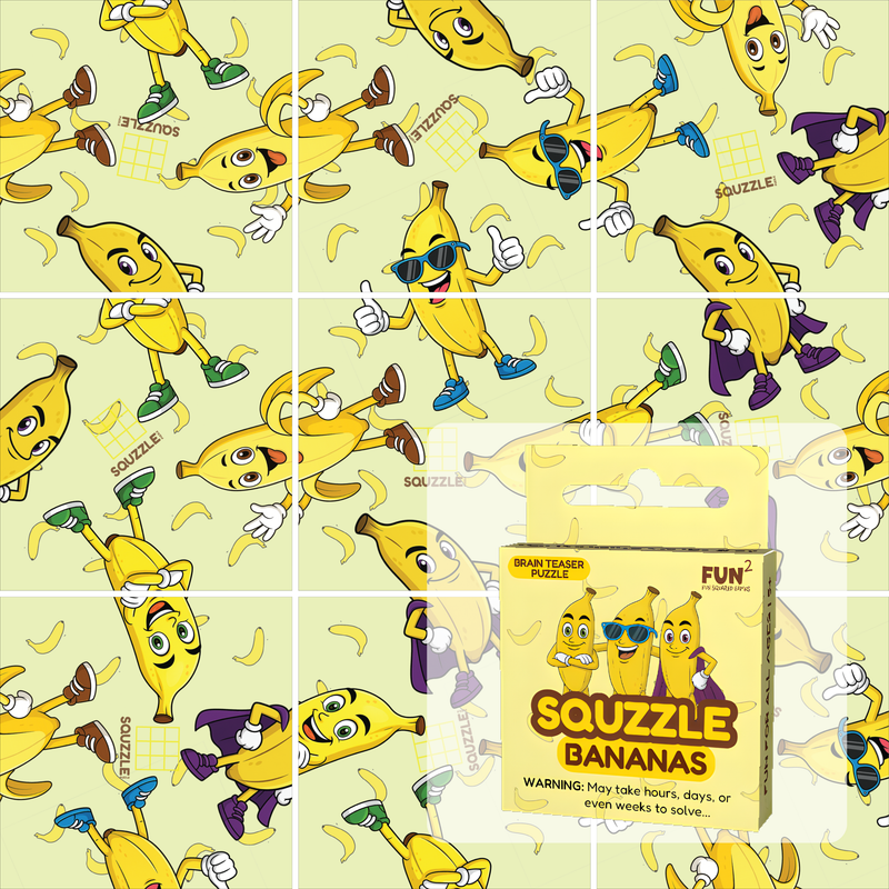 Squzzle Bananas brain teaser puzzle game by Fun Squared Games showing tile grid packaging