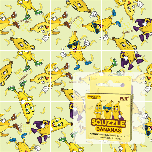 Squzzle Bananas brain teaser puzzle game by Fun Squared Games showing tile grid packaging