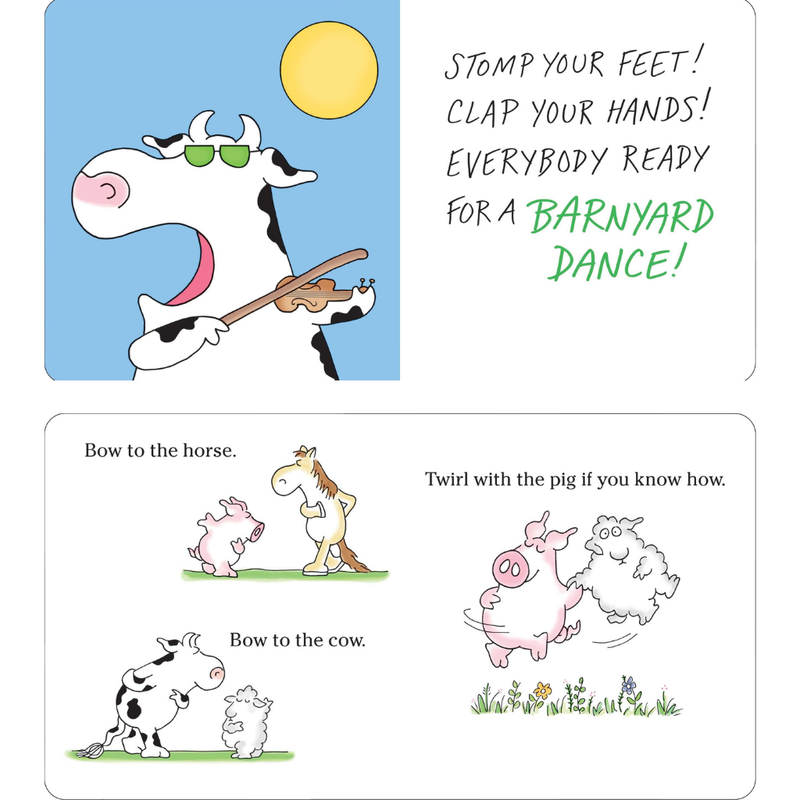 Cartoon illustration of farm animals dancing with text instructions on a white background from Barnyard Dance