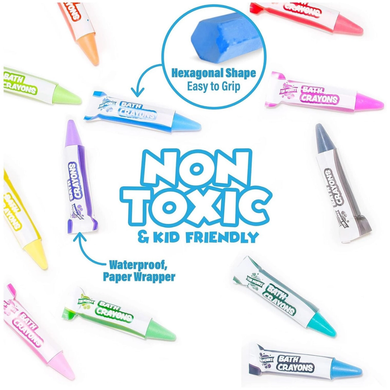 Collection of colorful crayons with text highlighting that they are non-toxic and kid friendly on a white background.
