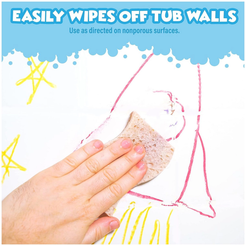 Hand using a sponge to wipe off crayon art from a white surface with text indicating the product's ability to easily wipe off tub walls.