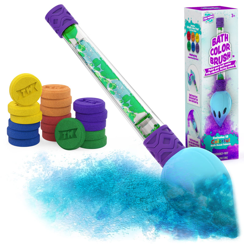 Bath Color Brush kit with colorful bath bomb tablets and blue water effect demonstration