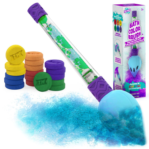 Bath Color Brush kit with colorful bath bomb tablets and blue water effect demonstration