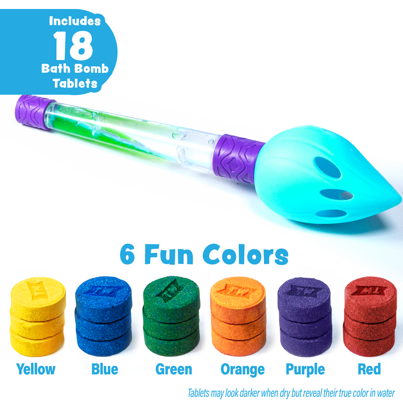 Bath bomb brush dispenser with 18 colorful bath bomb tablets in 6 colors