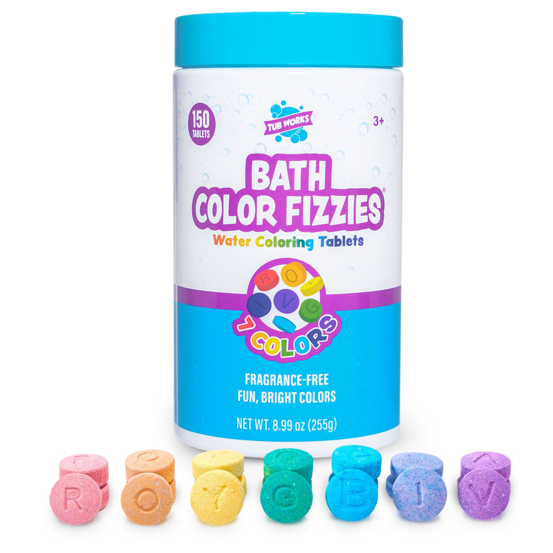 Tub Works Bath Color Fizzies container with colorful bath tablets displayed below