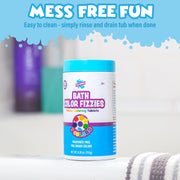 Bath Color Fizzies water coloring tablets container in bathroom setting with towels