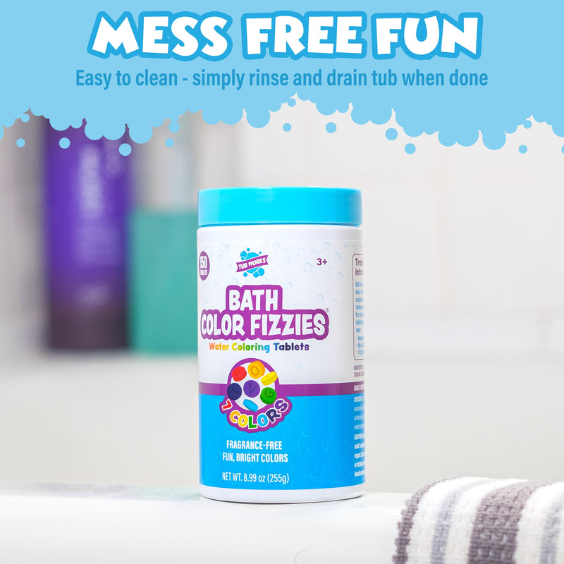 Bath Color Fizzies water coloring tablets container in bathroom setting with towels
