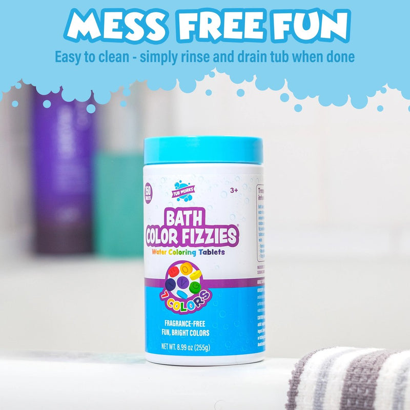 Bath Color Fizzies water coloring tablets container in bathroom setting with towels