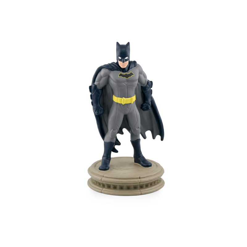 Batman Tonie figurine in gray suit with yellow belt standing on circular base