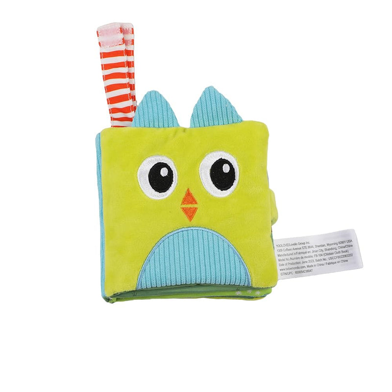 Bebe Mondo Chicken Farm Soft Plush Book with green bird cover and striped fabric loop.