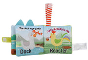 Open Bebe Mondo Chicken Farm Soft Plush Book showing duck and rooster pages.
