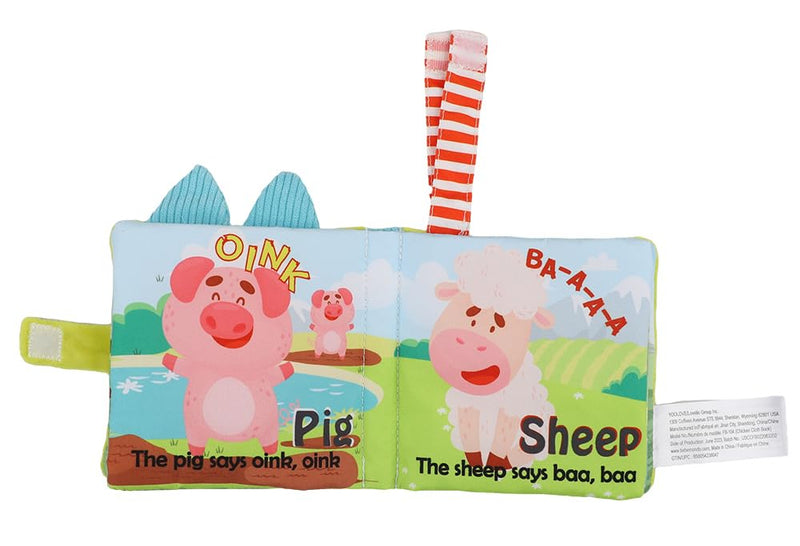 Open Bebe Mondo Chicken Farm Soft Plush Book showing pig and sheep pages.