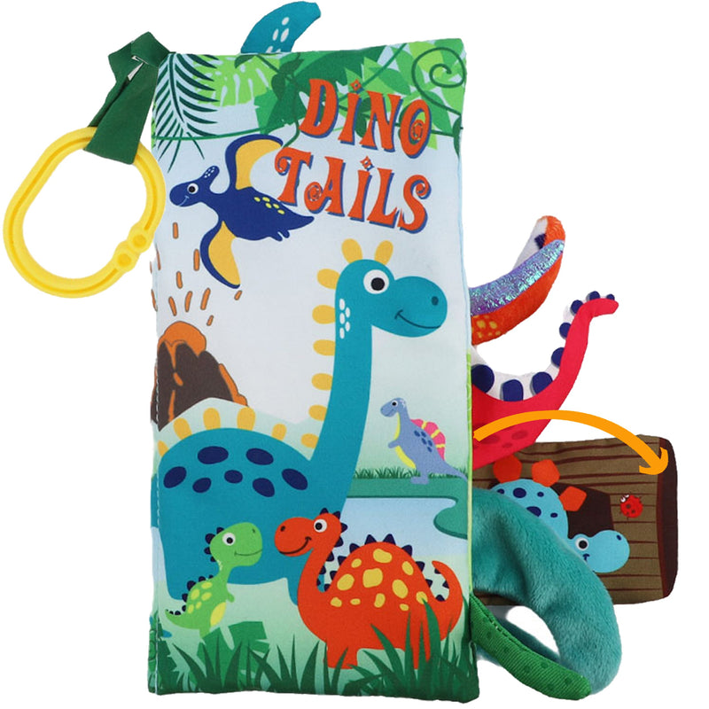 Bebe Mondo Dino Tails Crinkle Cloth Book with colorful dinosaurs, textured fabric tails and yellow attachment ring.