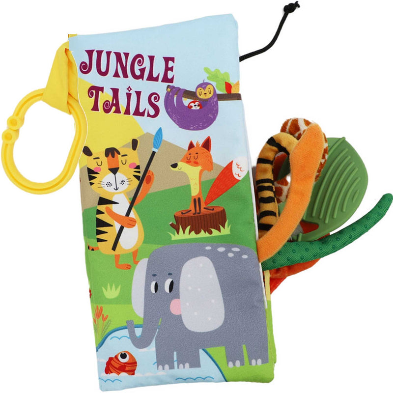 Bebe Mondo Jungle Tails Crinkle Cloth Book with animal artwork, fabric tails, green teether and yellow attachment ring.