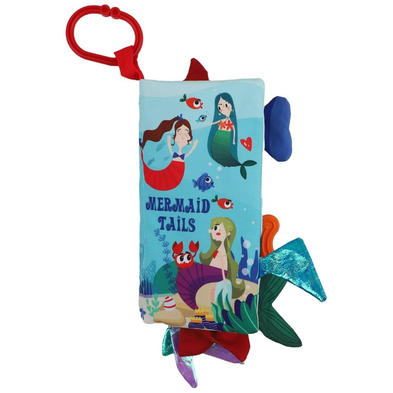 Bebe Mondo Mermaid Tails Crinkle Cloth Book with illustrated mermaids, colorful fabric tails and red attachment ring.