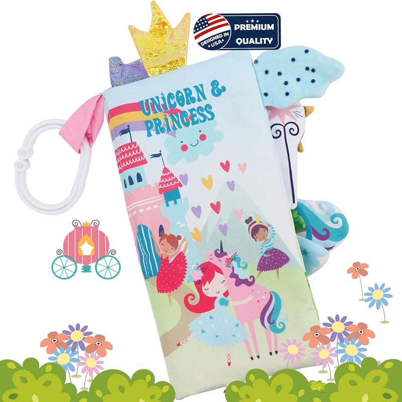 Bebe Mondo Unicorn & Princess Crinkle Book with fairytale artwork, textured fabric details and white attachment ring.